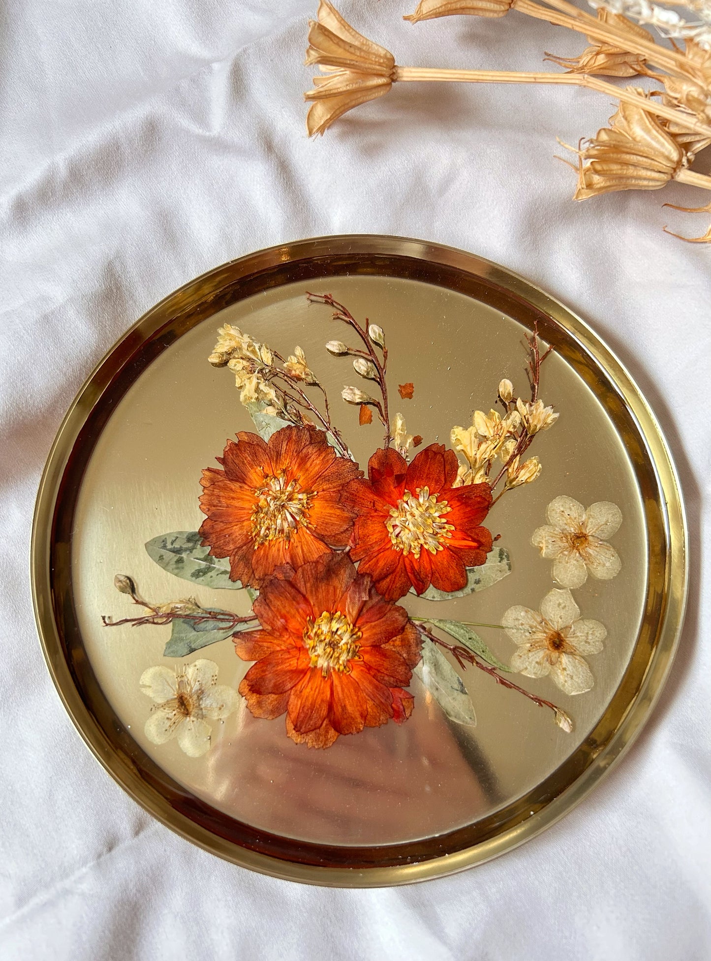 Gold and Orange Dried Flower Jewelry Tray