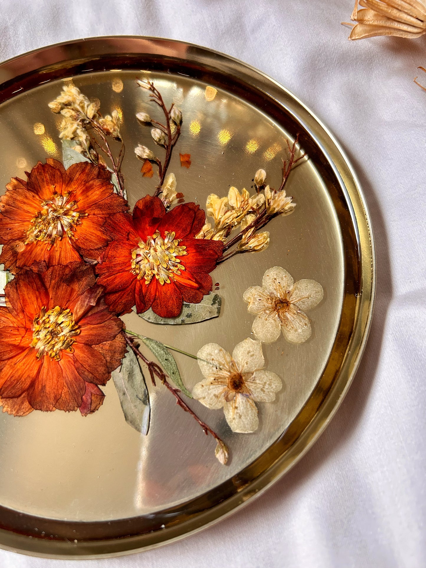 Gold and Orange Dried Flower Jewelry Tray