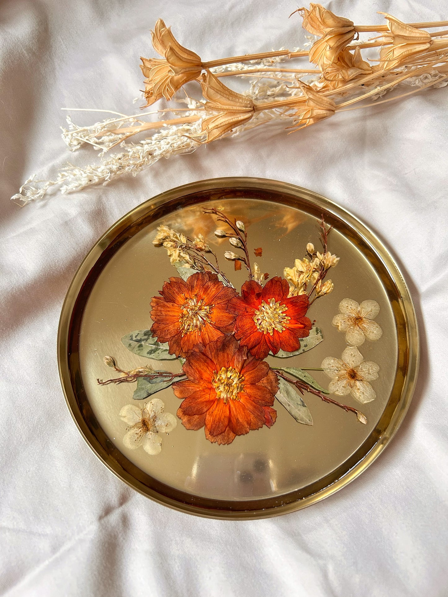 Gold and Orange Dried Flower Jewelry Tray