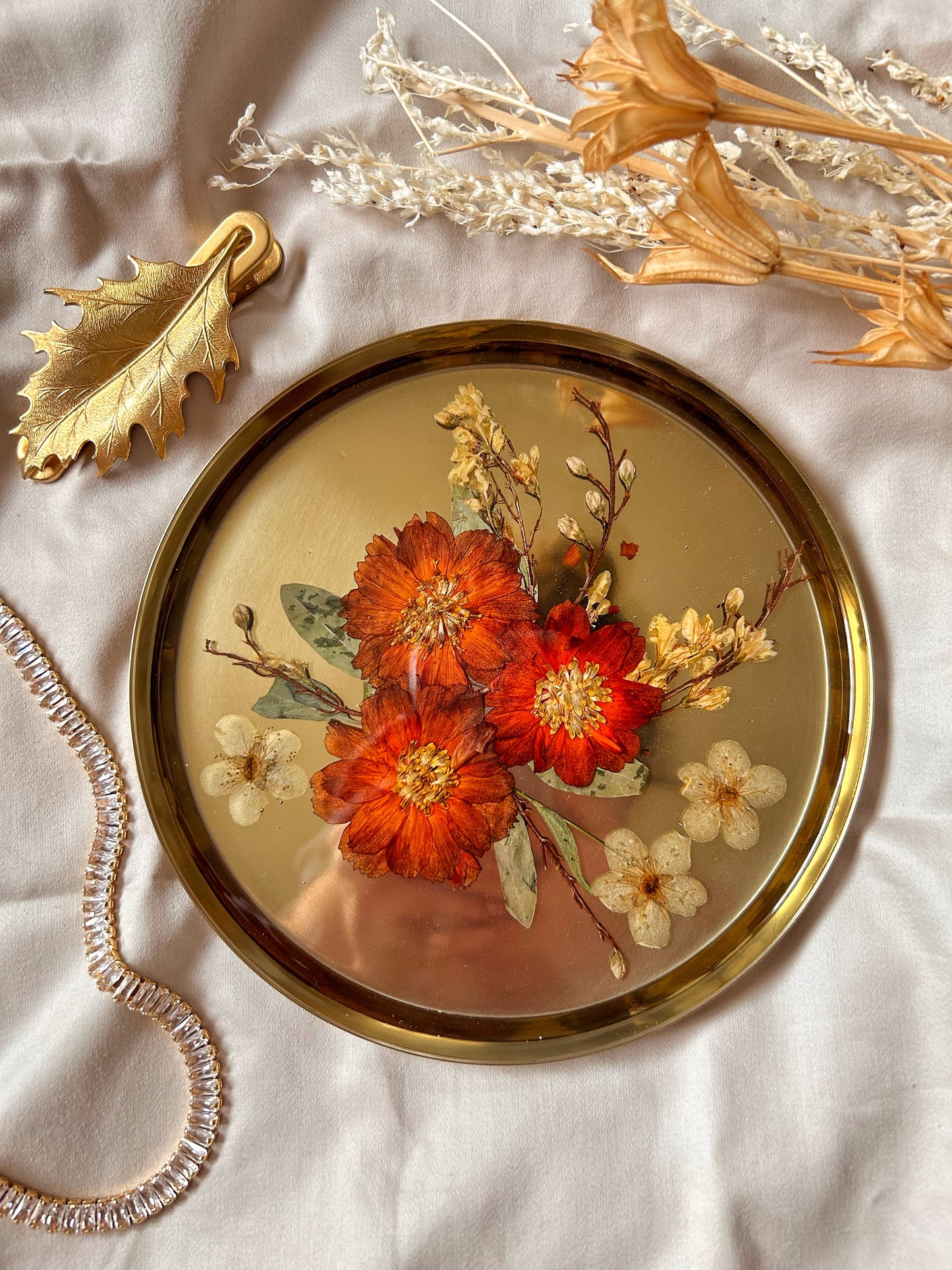 Gold and Orange Dried Flower Jewelry Tray