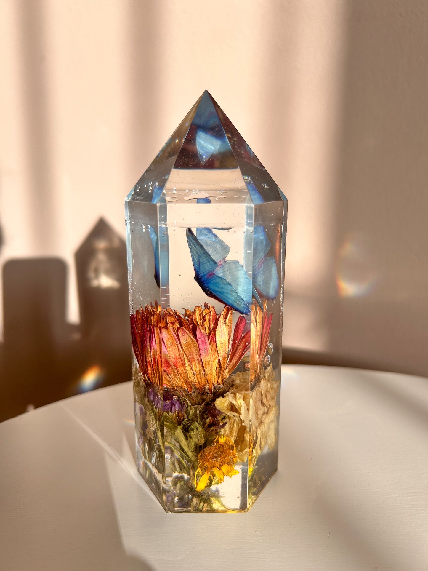 Blue Monarch Butterfly and Flowers Resin Crystal