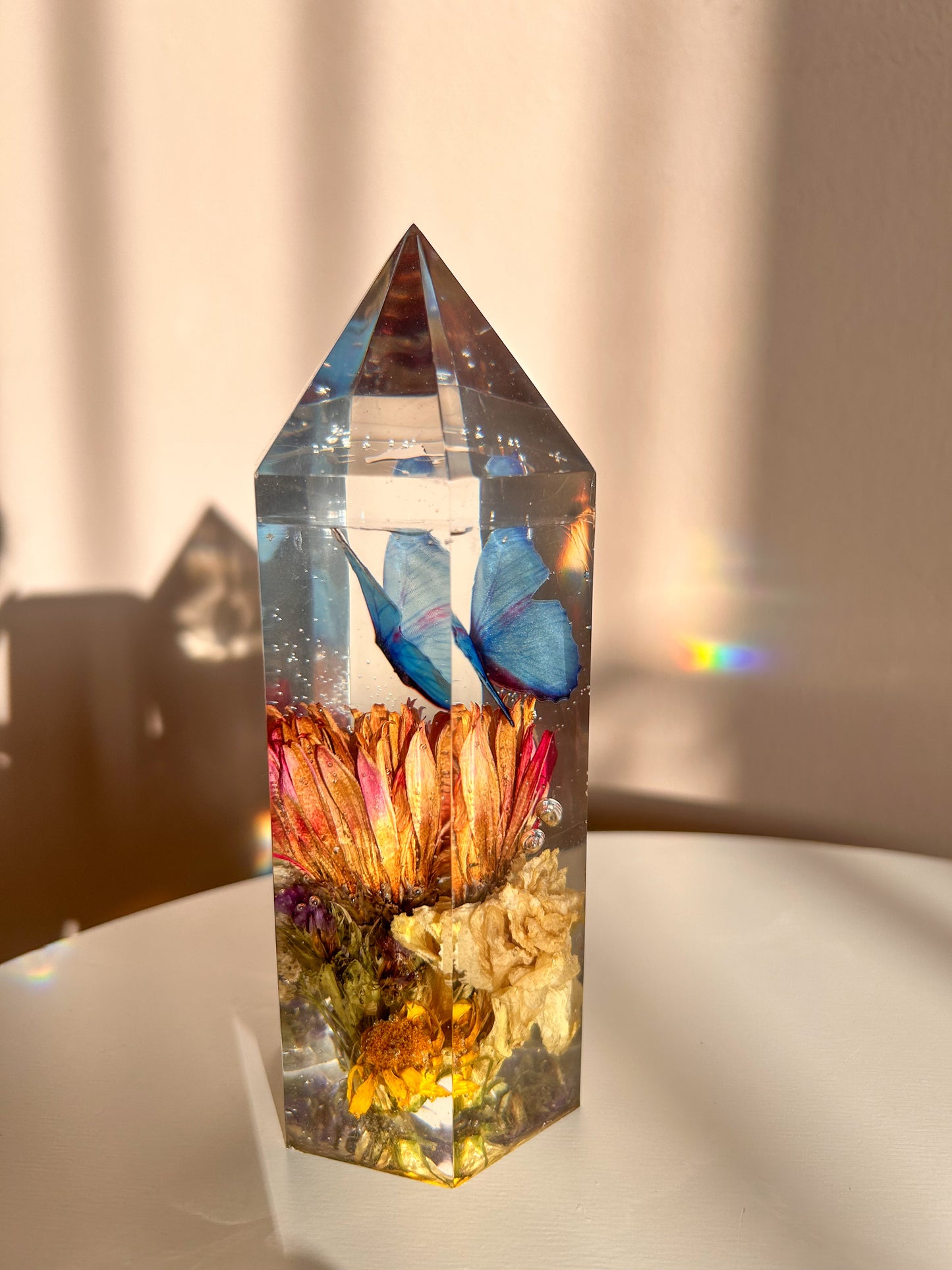 Blue Monarch Butterfly and Flowers Resin Crystal