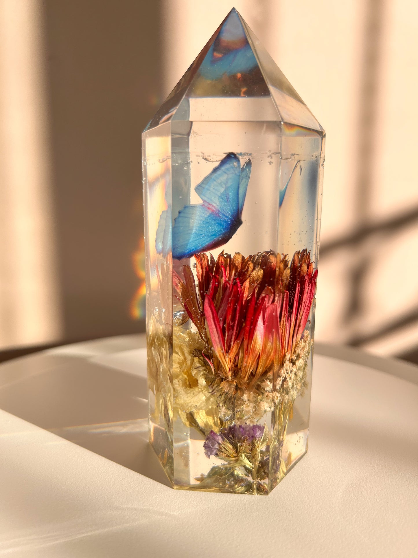 Blue Monarch Butterfly and Flowers Resin Crystal