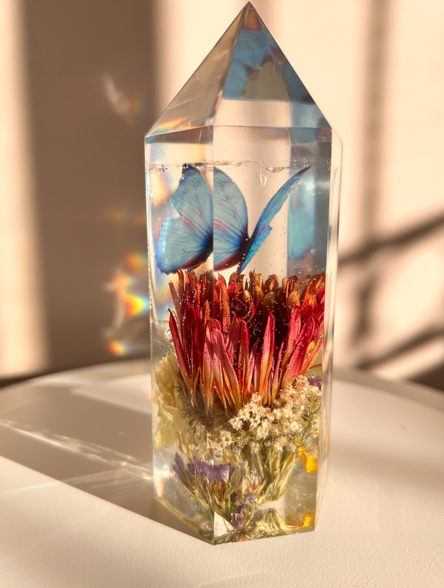 Blue Monarch Butterfly and Flowers Resin Crystal