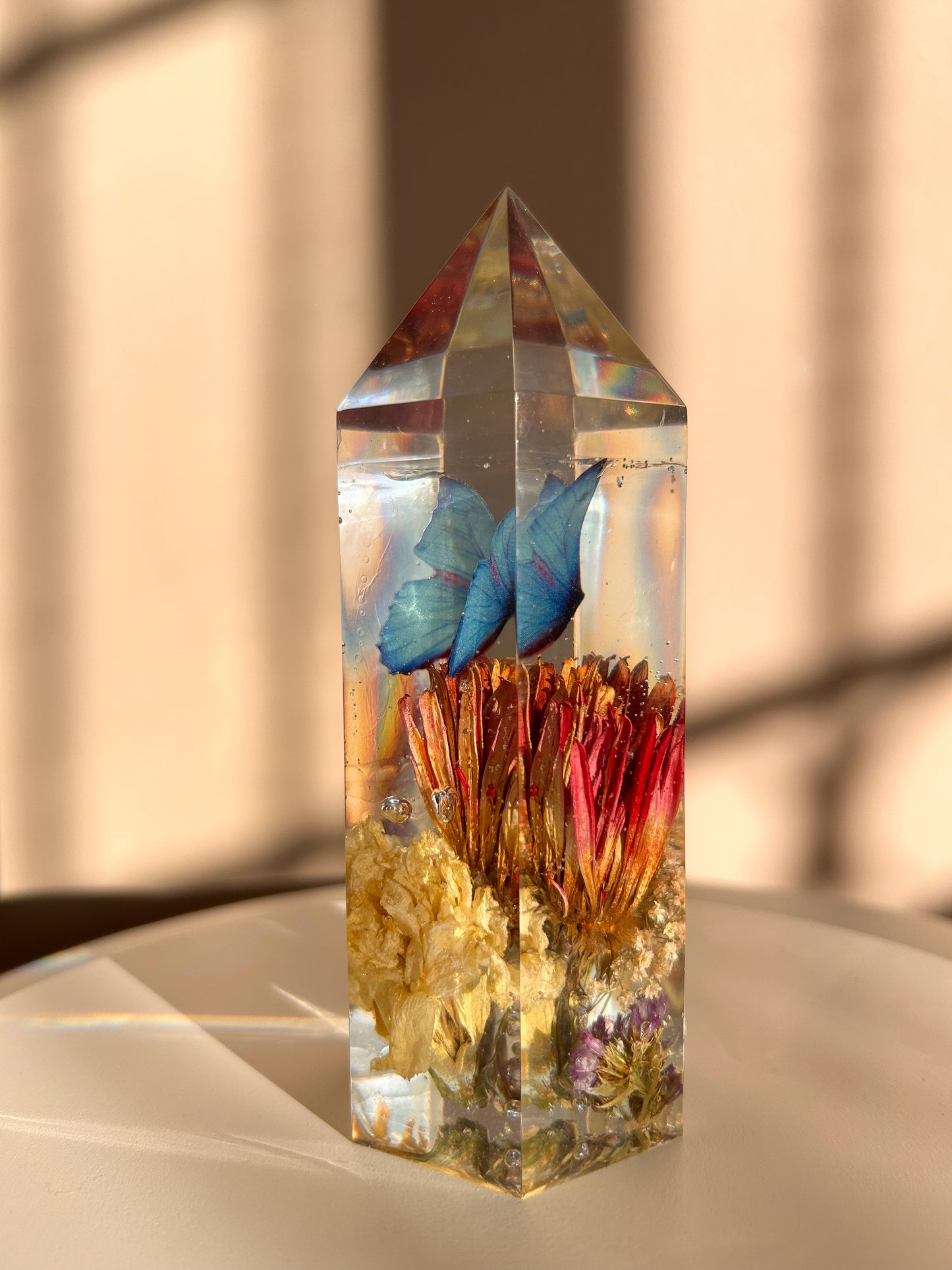 Blue Monarch Butterfly and Flowers Resin Crystal