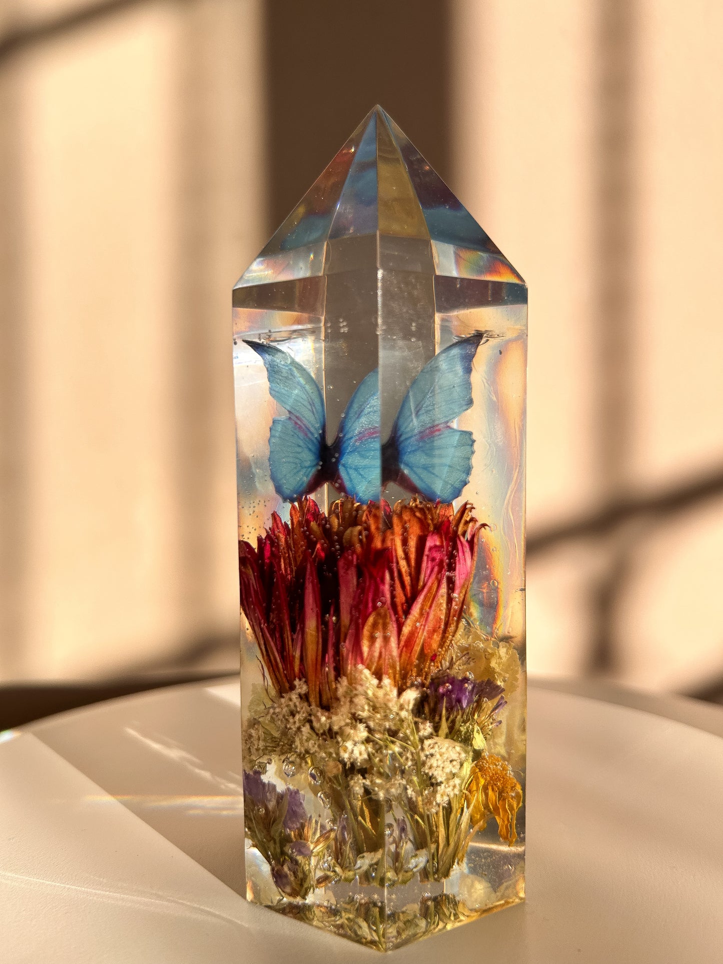 Blue Monarch Butterfly and Flowers Resin Crystal