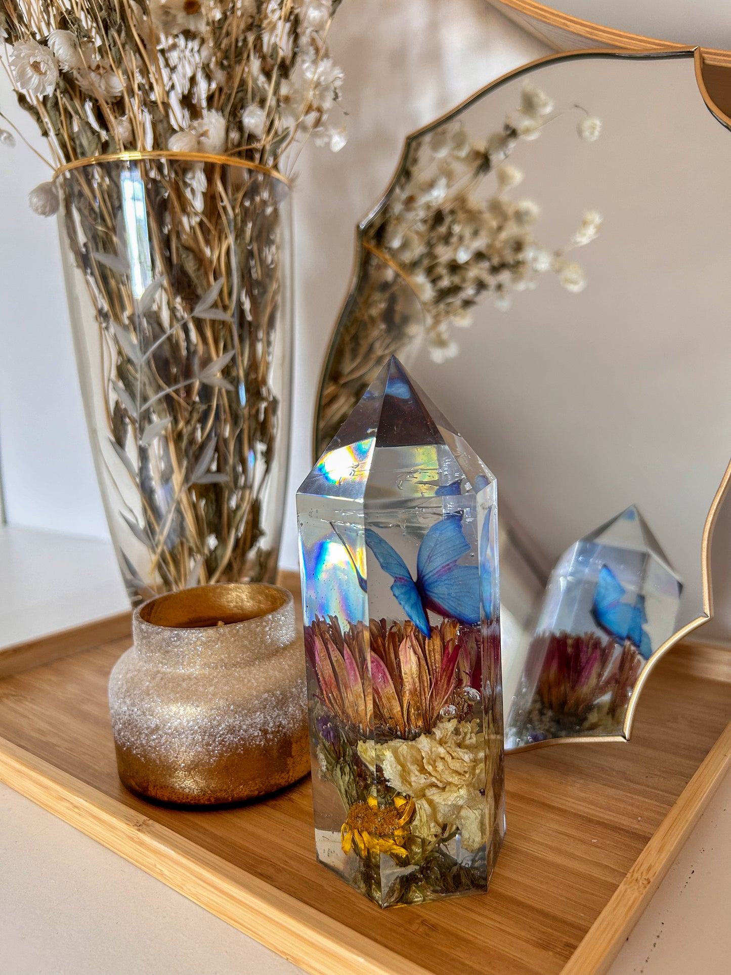 Blue Monarch Butterfly and Flowers Resin Crystal