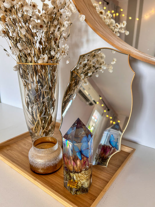 Blue Monarch Butterfly and Flowers Resin Crystal