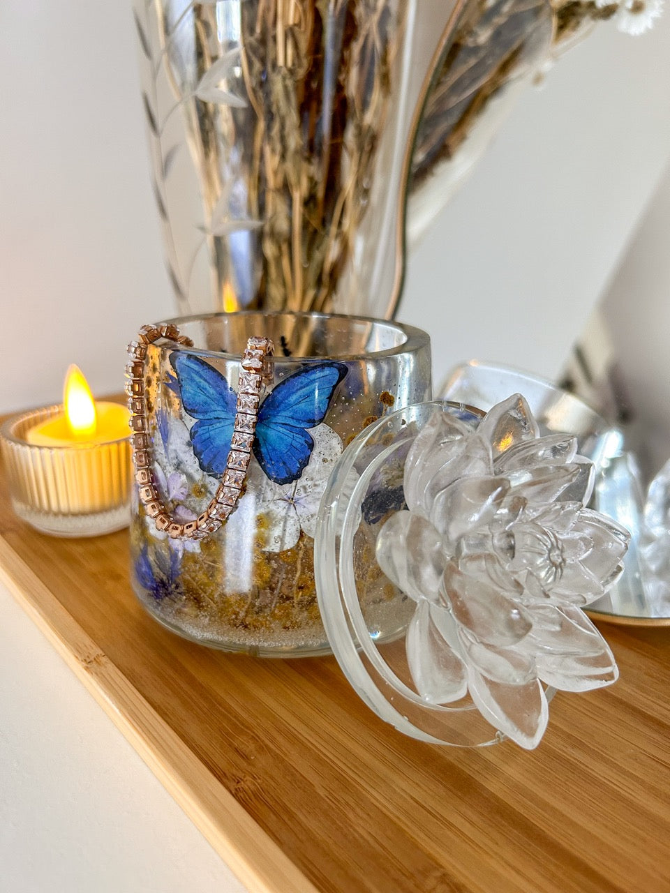 Blue Monarch Butterfly, Dried Flowers and Lotus Jewelry Box