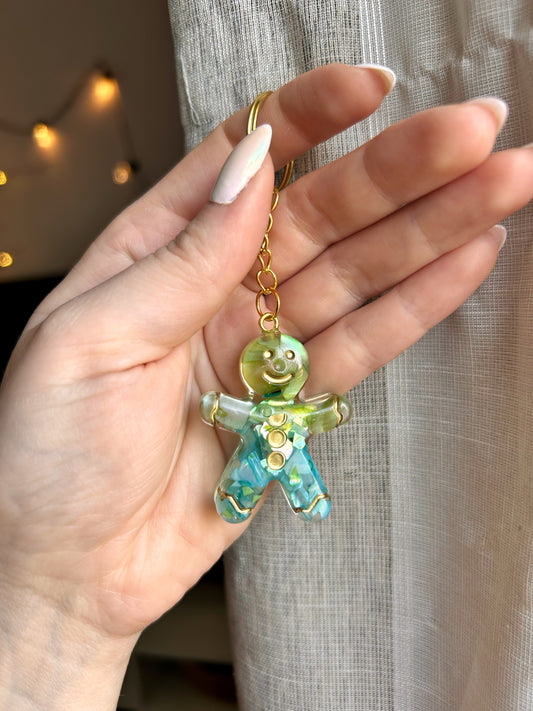 Green and Teal Resin Gingerbread Man Keychain
