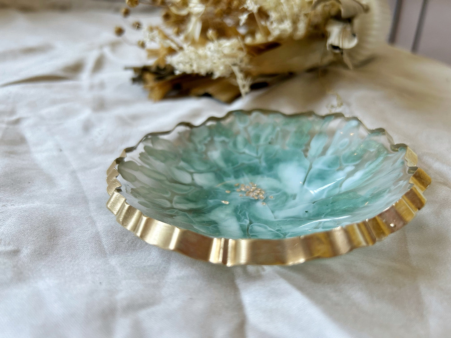 Green and Gold Bloom Resin Jewelry Dish