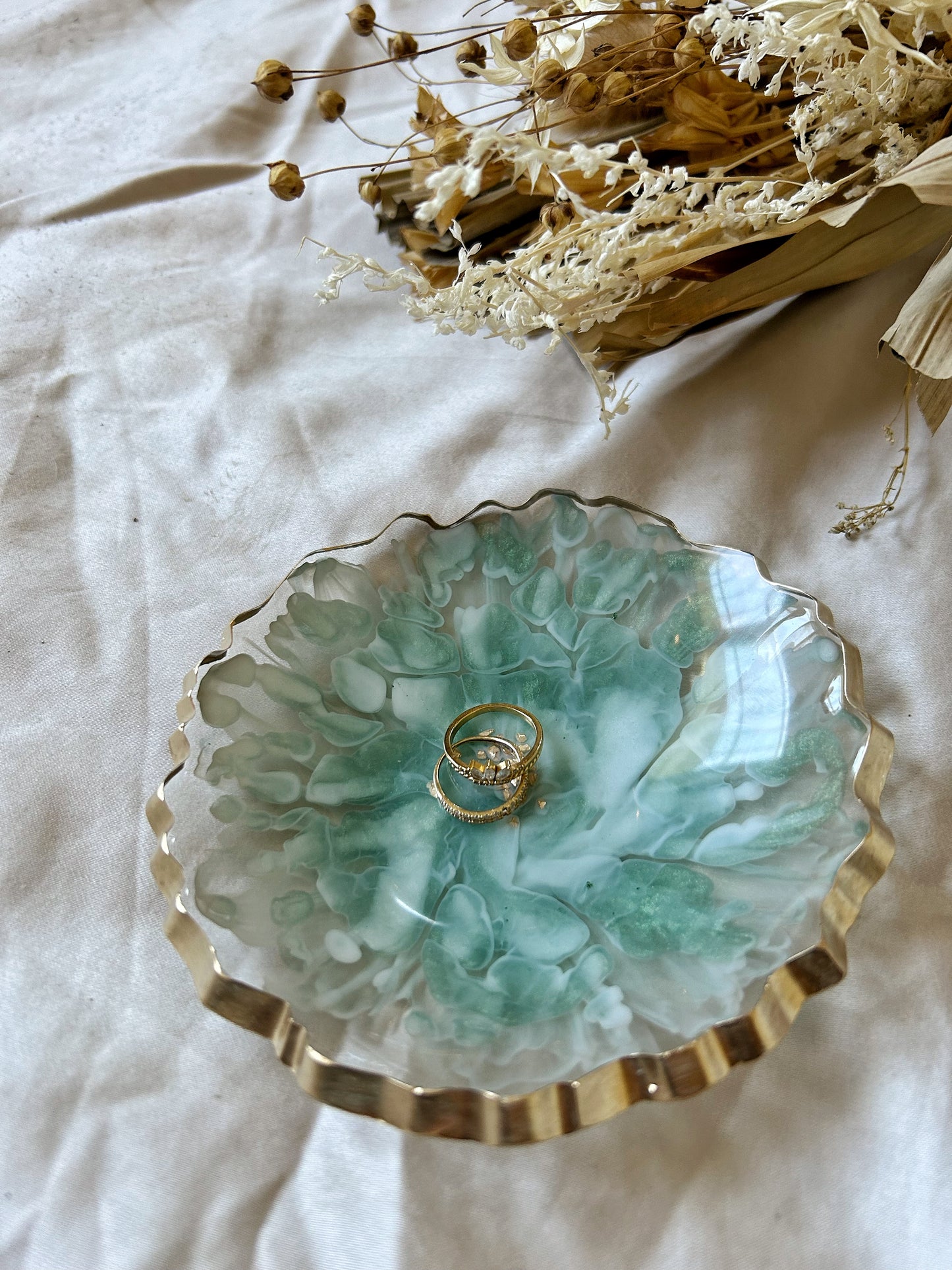 Green and Gold Bloom Resin Jewelry Dish