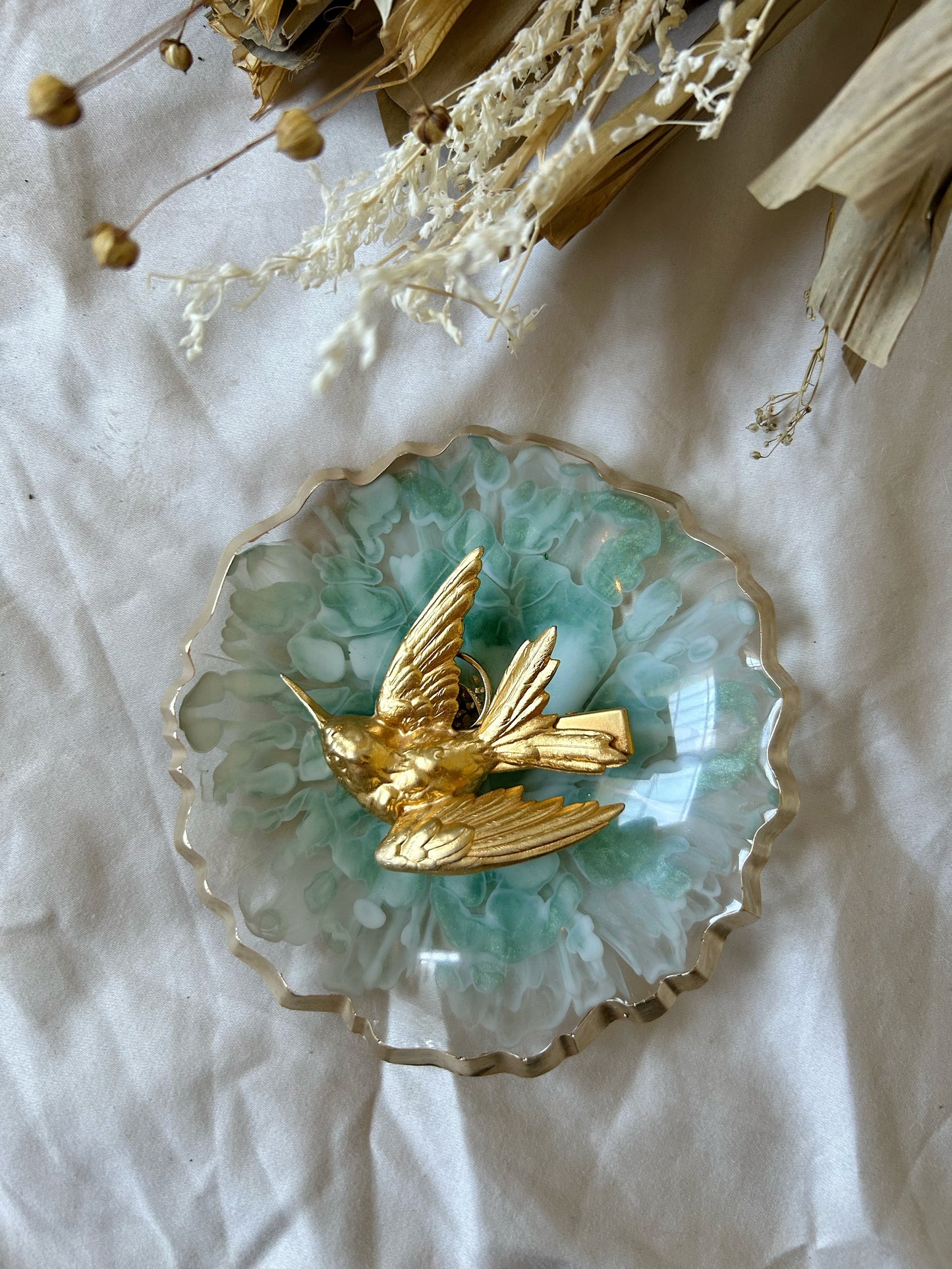Green and Gold Bloom Resin Jewelry Dish
