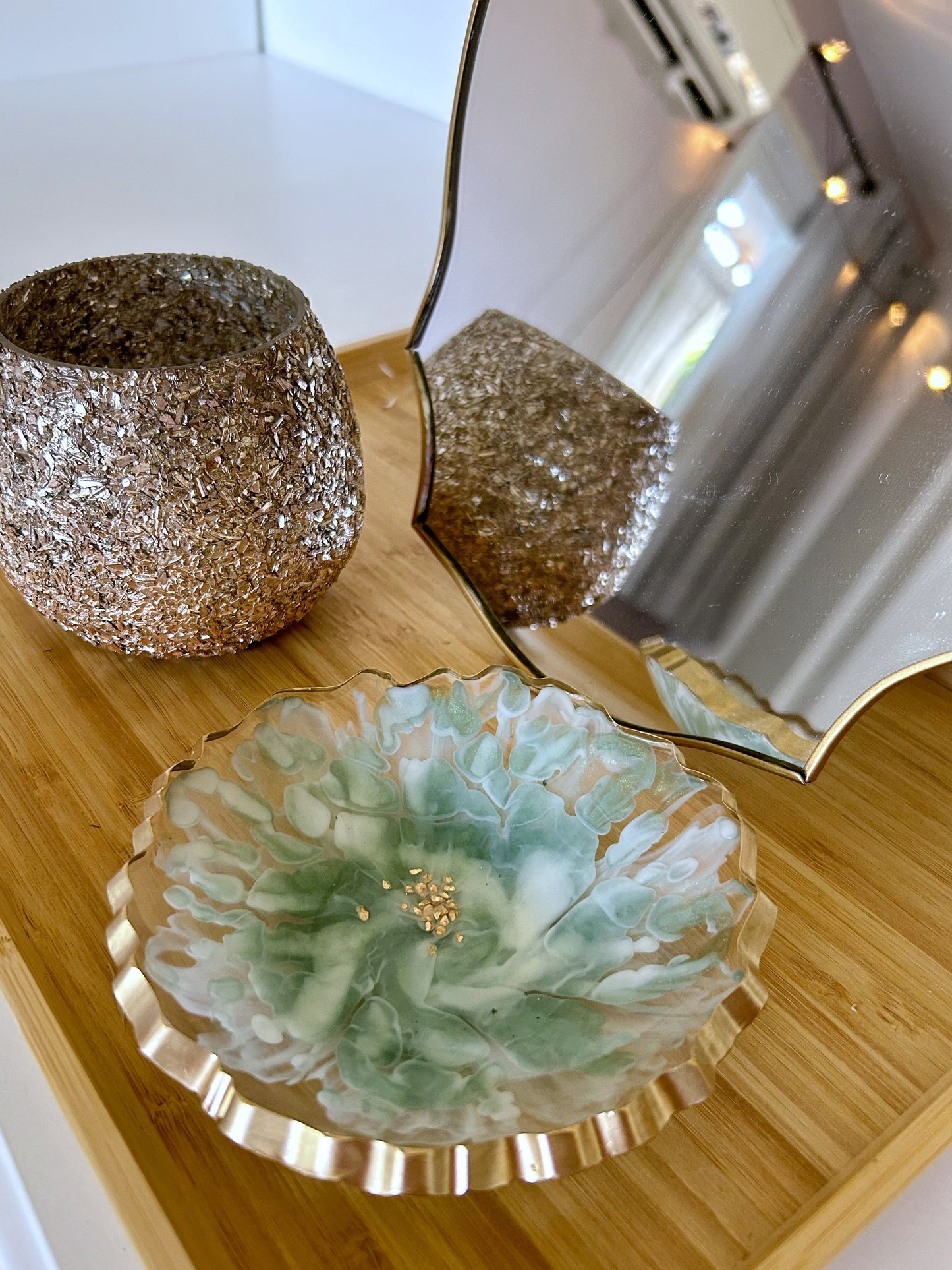 Green and Gold Bloom Resin Jewelry Dish