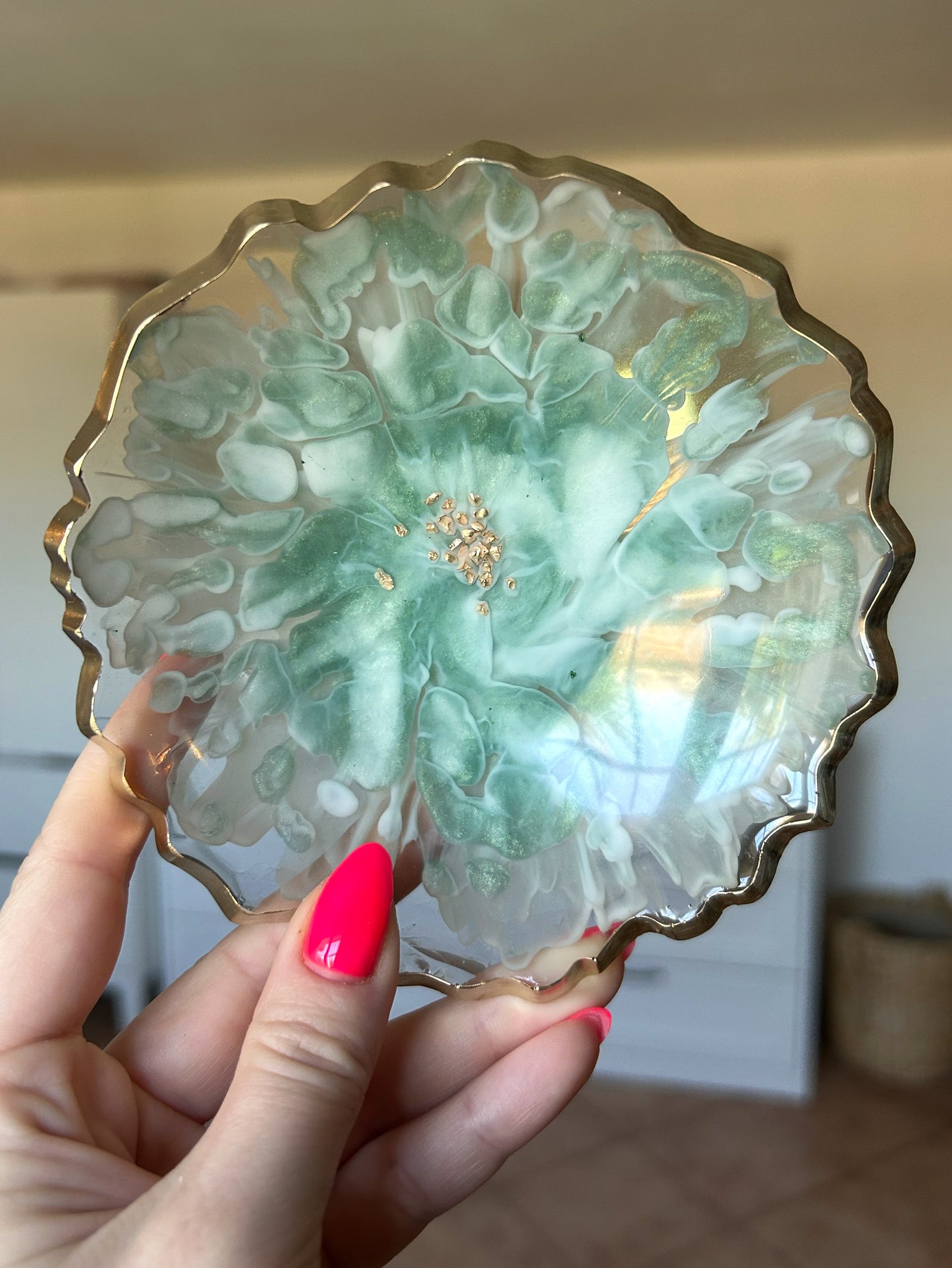 Green and Gold Bloom Resin Jewelry Dish