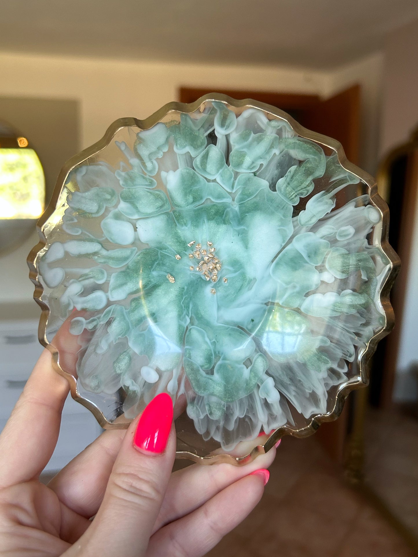 Green and Gold Bloom Resin Jewelry Dish