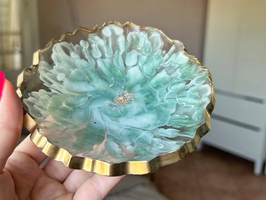 Green and Gold Bloom Resin Jewelry Dish