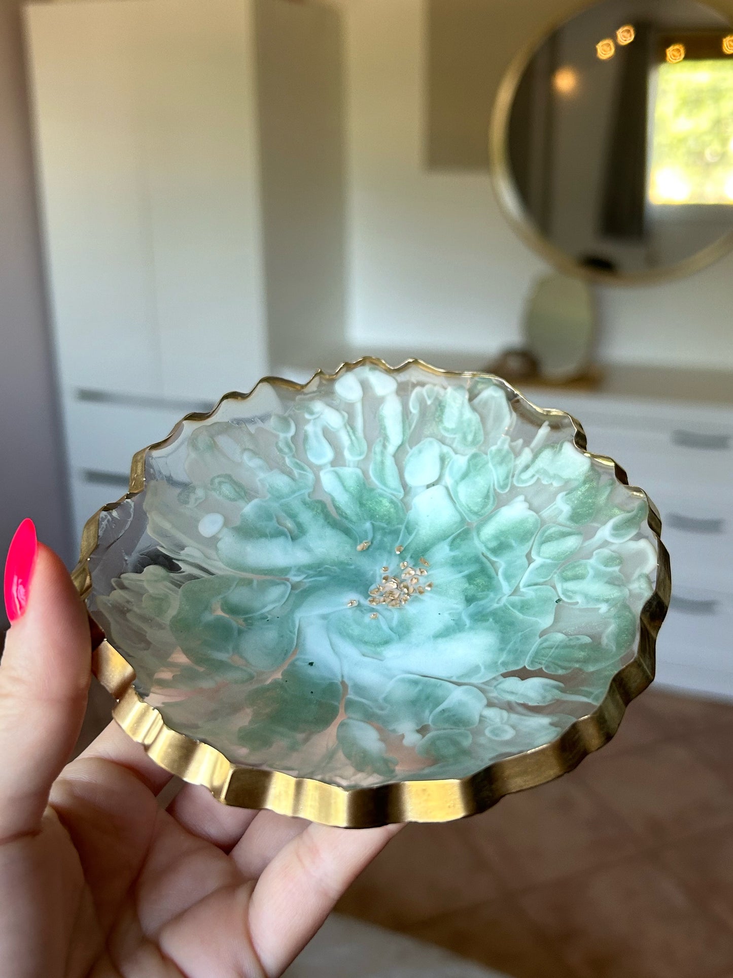 Green and Gold Bloom Resin Jewelry Dish