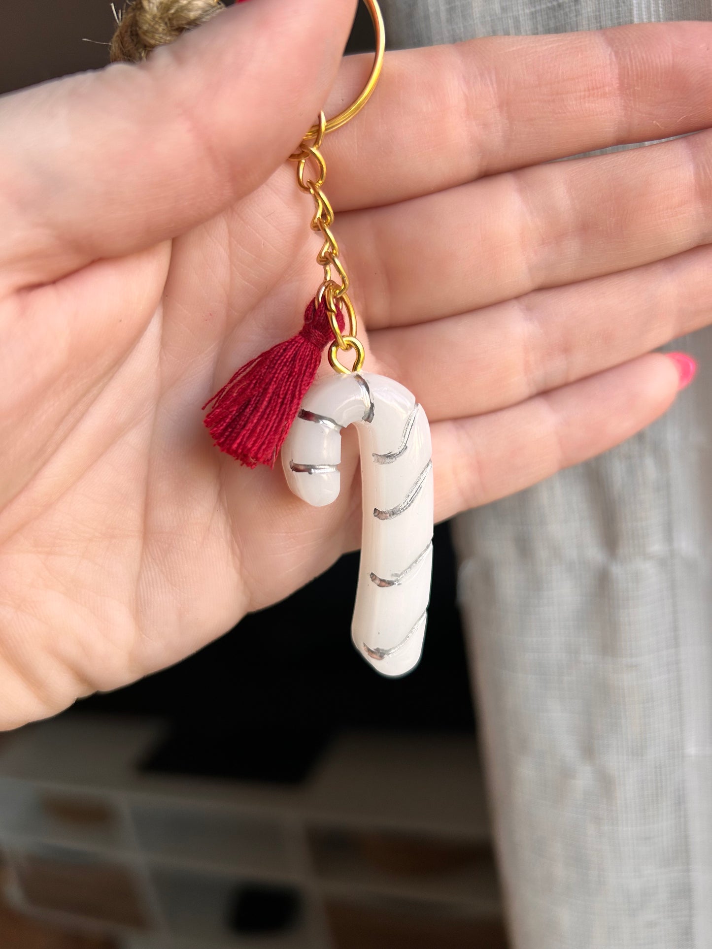 Handmade Christmas Resin Candy Cane Keychain with Burgundy Tassel - Festive Holiday Accessory