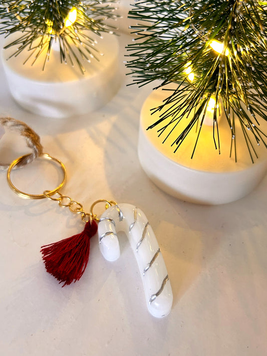 Handmade Christmas Resin Candy Cane Keychain with Burgundy Tassel - Festive Holiday Accessory