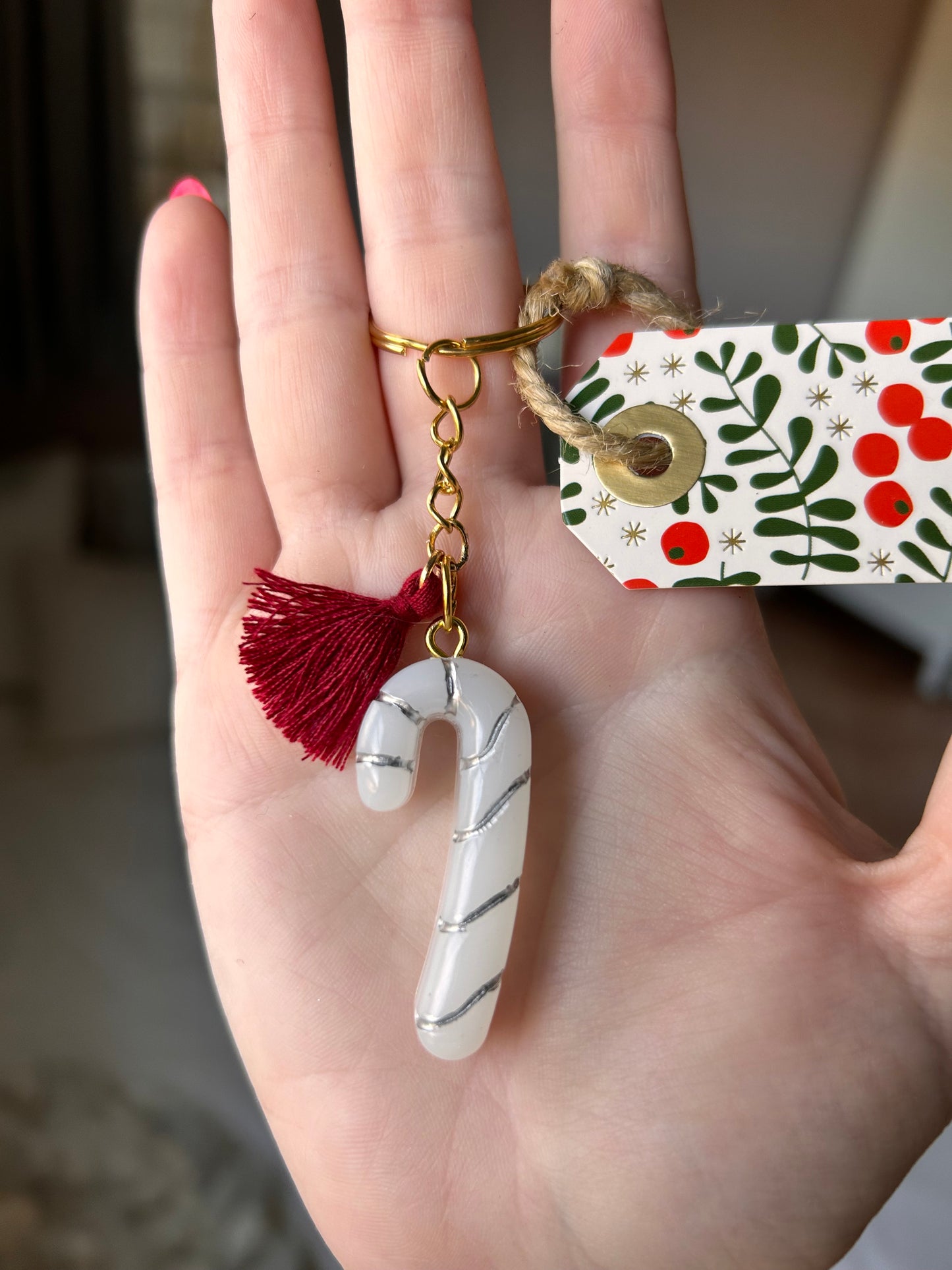 Handmade Christmas Resin Candy Cane Keychain with Burgundy Tassel - Festive Holiday Accessory