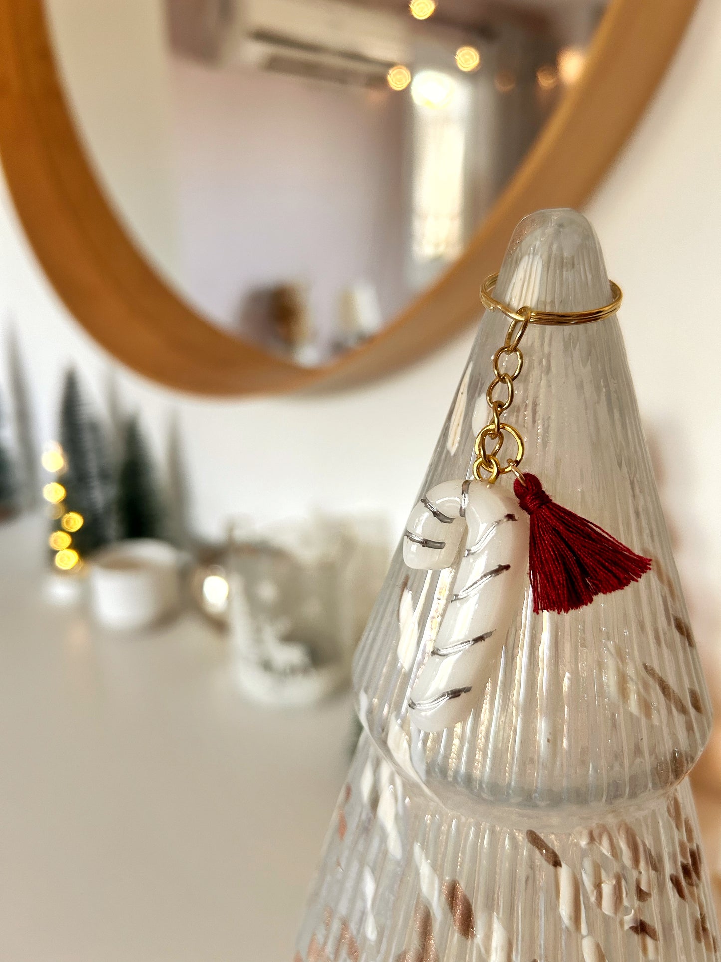Handmade Christmas Resin Candy Cane Keychain with Burgundy Tassel - Festive Holiday Accessory