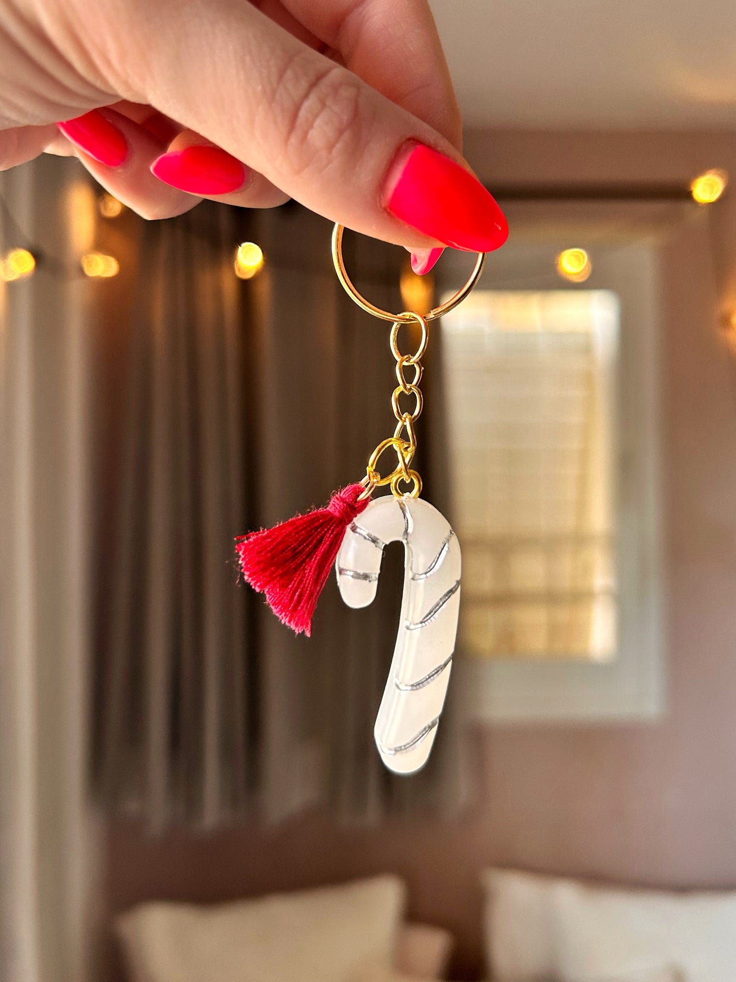 Handmade Christmas Resin Candy Cane Keychain with Burgundy Tassel - Festive Holiday Accessory