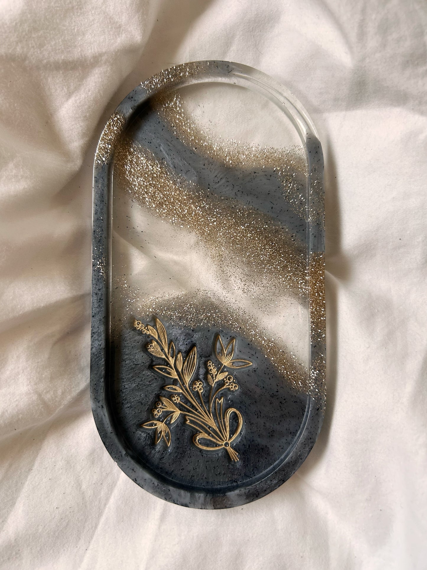 Black and Gold Glitter Oval Jewelry Tray