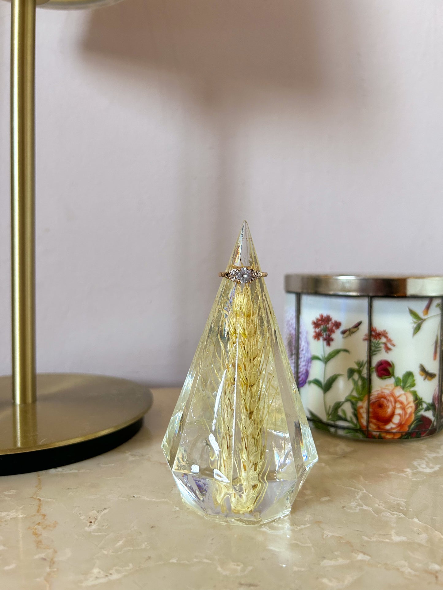 a beautiful handmade resin ring tree featuring wheat. perfect for displaying rings, a unique botanical gift. beautiful vanity, bedroom, bathroom, office, tabletop, nightstand decor. Great as a unique gift for a loved one.