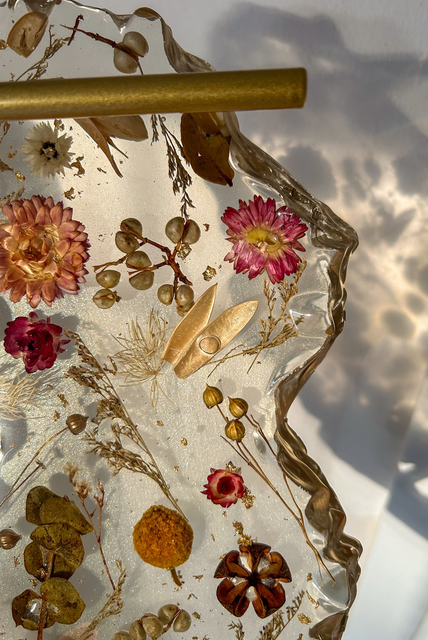 Floral Botanical Resin Tray with Golden Handles