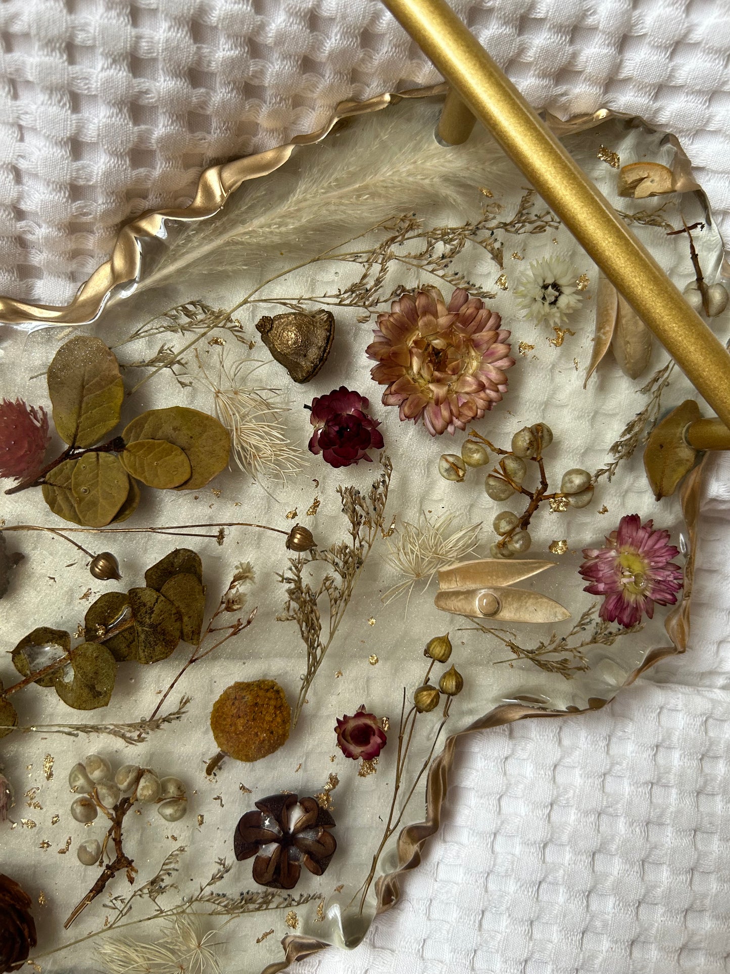 Floral Botanical Resin Tray with Golden Handles