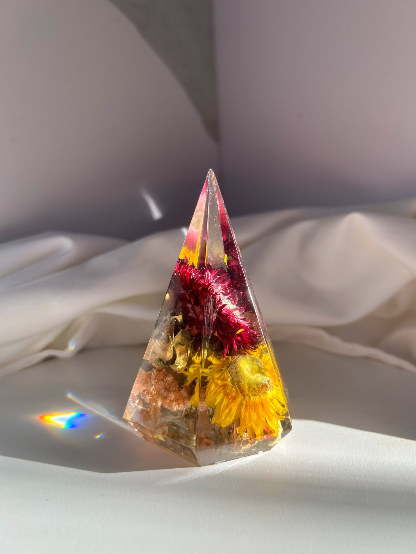 A beautiful colorful rainbow crystal resin ring tree ring cone ring holder. Features beautiful pink purple orange yellow and green wildflower that perfectly organizes your rings while decorating any area great gift for Mother's day Christmas birthday