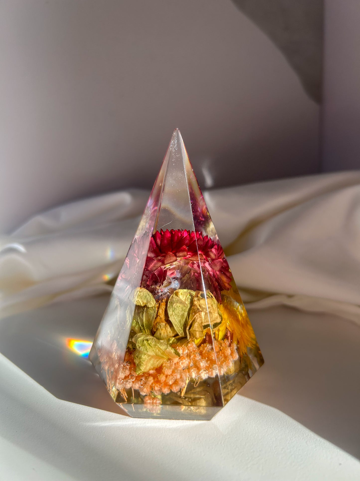 A beautiful colorful rainbow crystal resin ring tree ring cone ring holder. Features beautiful pink purple orange yellow and green wildflower that perfectly organizes your rings while decorating any area great gift for Mother's day Christmas birthday
