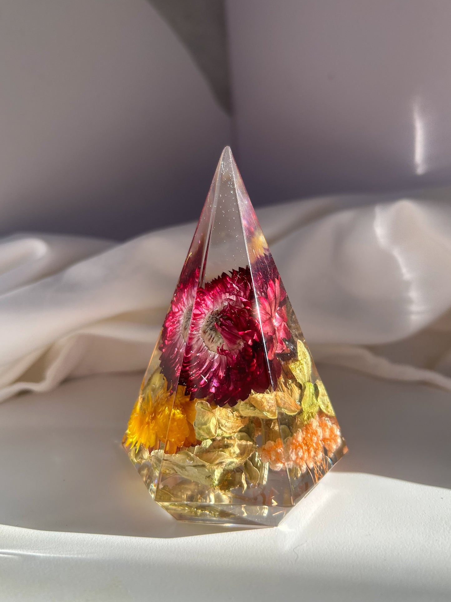 A beautiful colorful rainbow crystal resin ring tree ring cone ring holder. Features beautiful pink purple orange yellow and green wildflower that perfectly organizes your rings while decorating any area great gift for Mother's day Christmas birthday