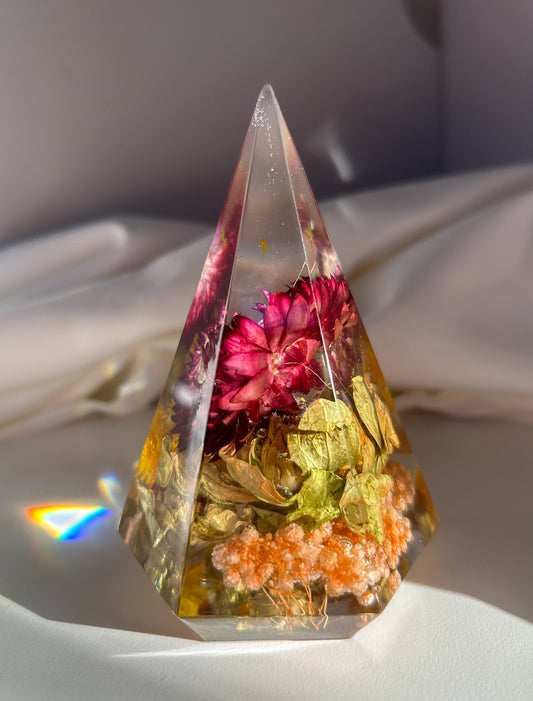 A beautiful colorful rainbow crystal resin ring tree ring cone ring holder. Features beautiful pink purple orange yellow and green wildflower that perfectly organizes your rings while decorating any area great gift for Mother's day Christmas birthday