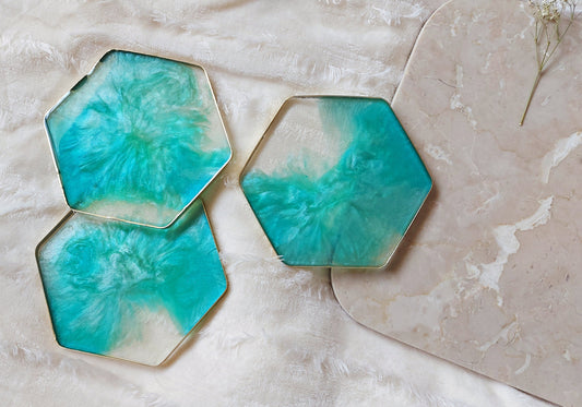 Handmade teal blue aqua turquoise green transparent glitter galaxy gold rim epoxy resin decor hexagon coaster set of four, coffee table deco