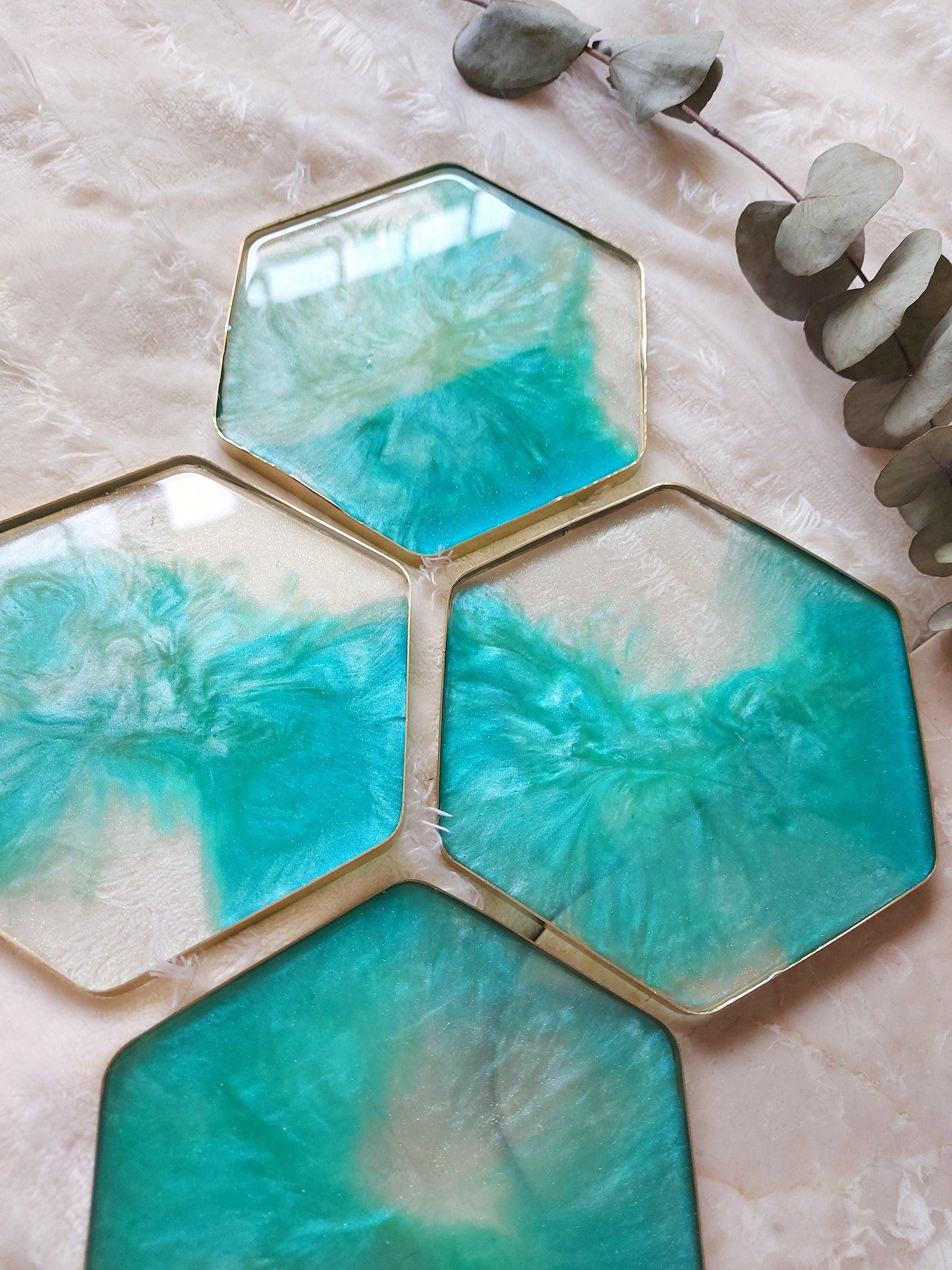 Handmade teal blue aqua turquoise green transparent glitter galaxy gold rim epoxy resin decor hexagon coaster set of four, coffee table deco