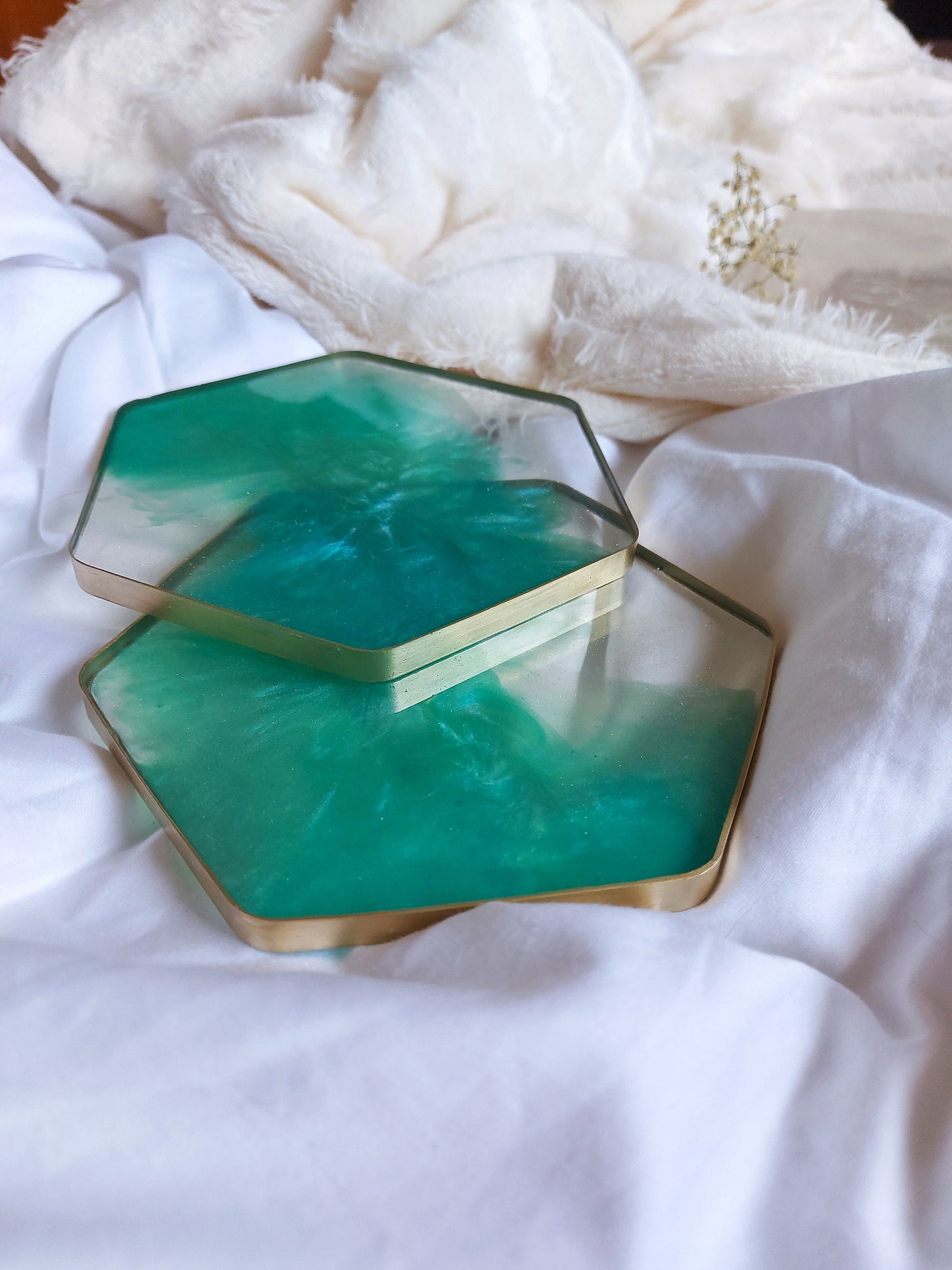 Handmade teal blue aqua turquoise green transparent glitter galaxy gold rim epoxy resin decor hexagon coaster set of four, coffee table deco