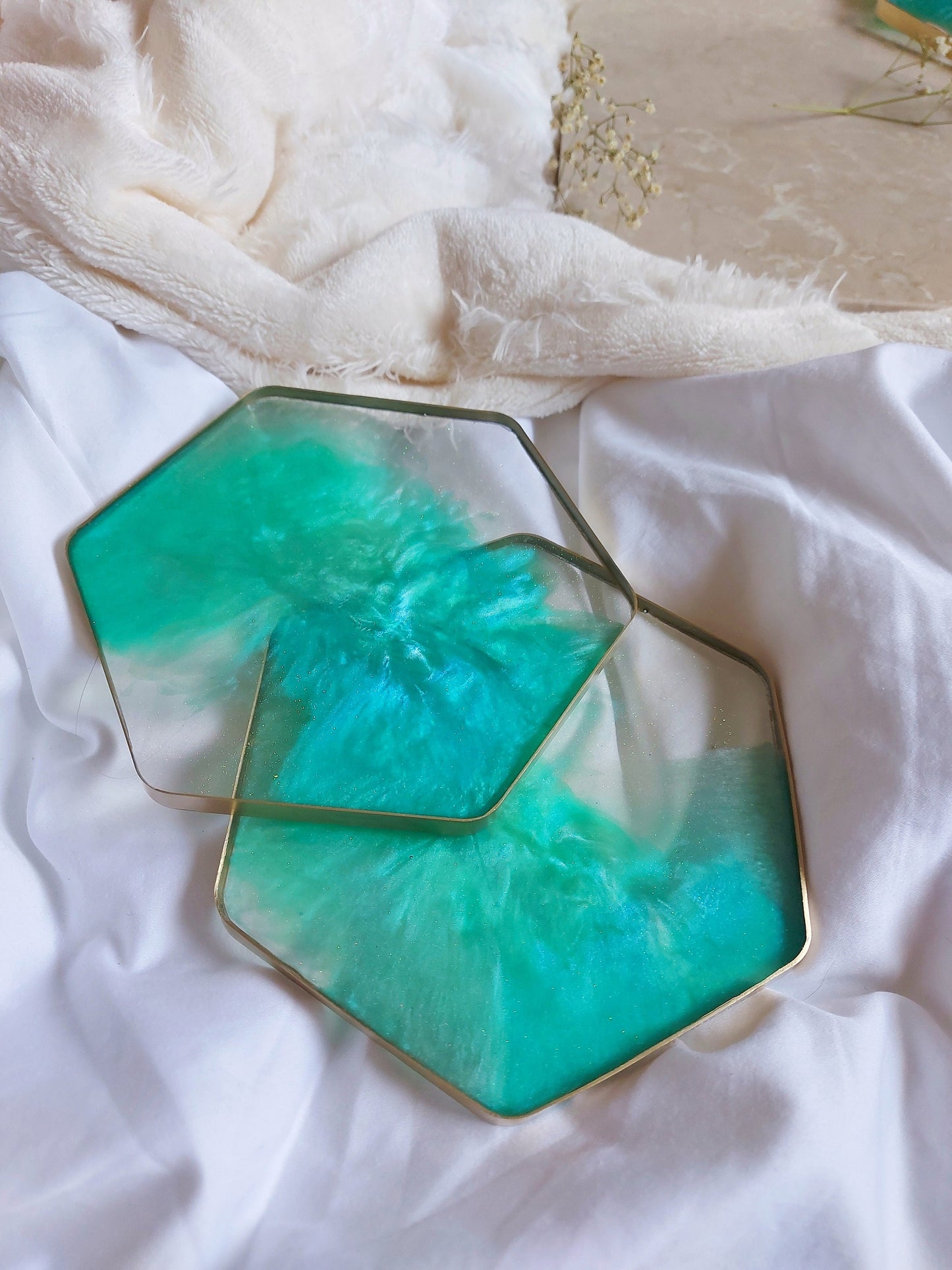 Handmade teal blue aqua turquoise green transparent glitter galaxy gold rim epoxy resin decor hexagon coaster set of four, coffee table deco