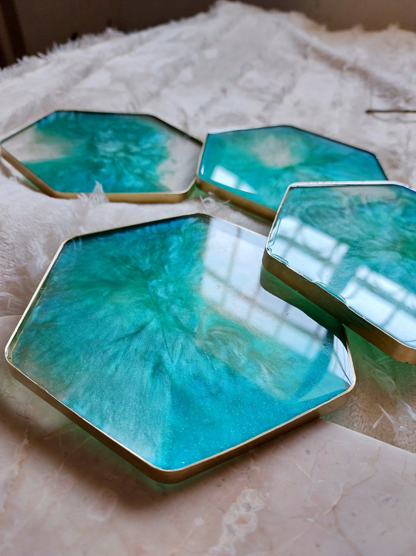 Handmade teal blue aqua turquoise green transparent glitter galaxy gold rim epoxy resin decor hexagon coaster set of four, coffee table deco
