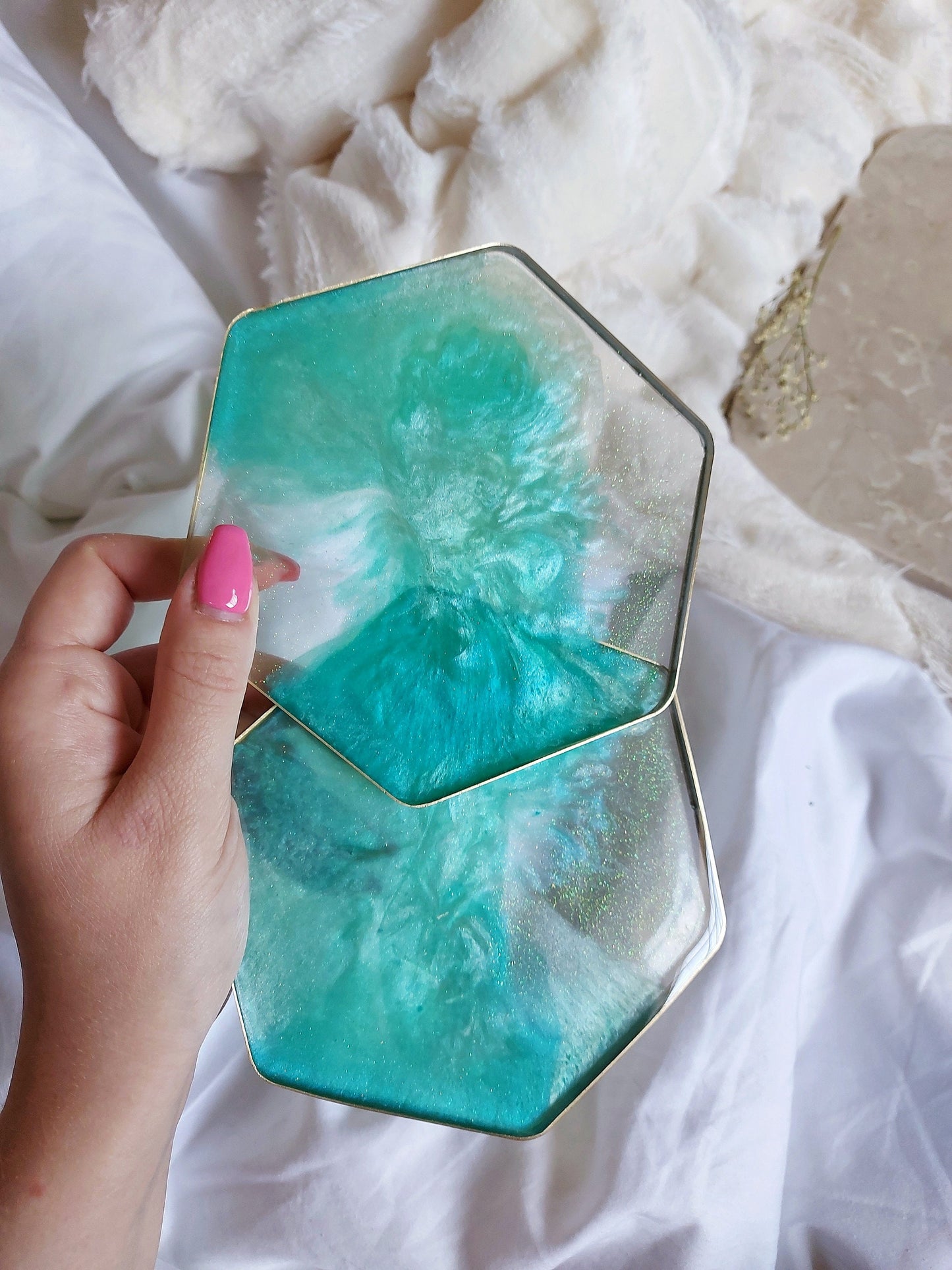 Handmade teal blue aqua turquoise green transparent glitter galaxy gold rim epoxy resin decor hexagon coaster set of four, coffee table deco