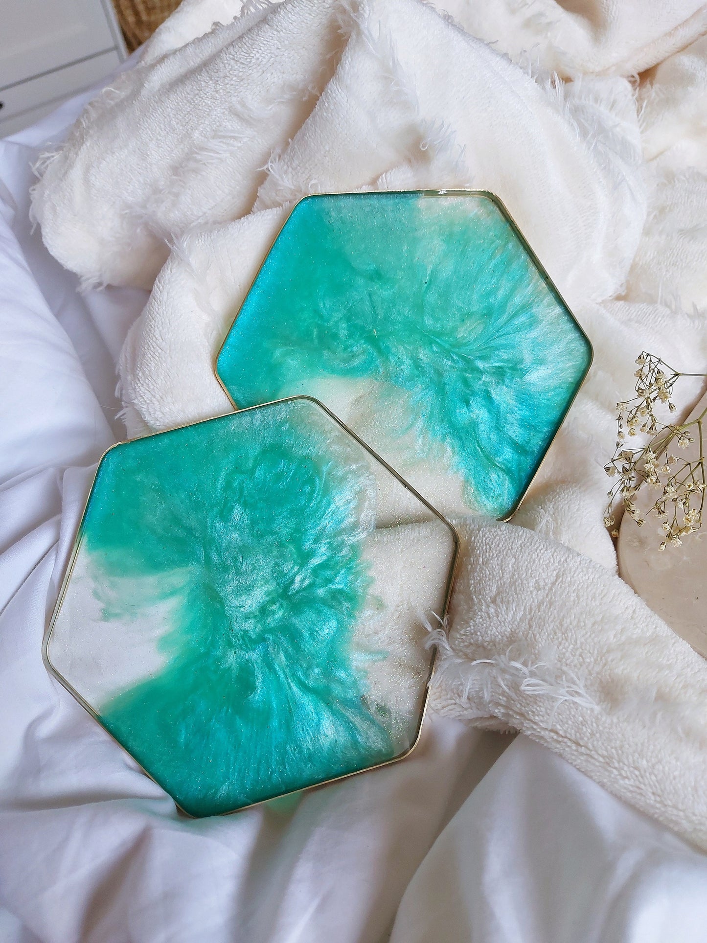 Handmade teal blue aqua turquoise green transparent glitter galaxy gold rim epoxy resin decor hexagon coaster set of four, coffee table deco