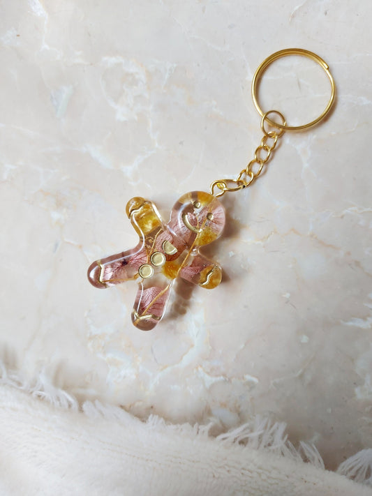 Soft Pink and Yellow Golden Gingerbread Man Resin Keychain, Accessory, Flowers, Resin Art, Gift Idea, Christmas, Christmas gift, Floral.