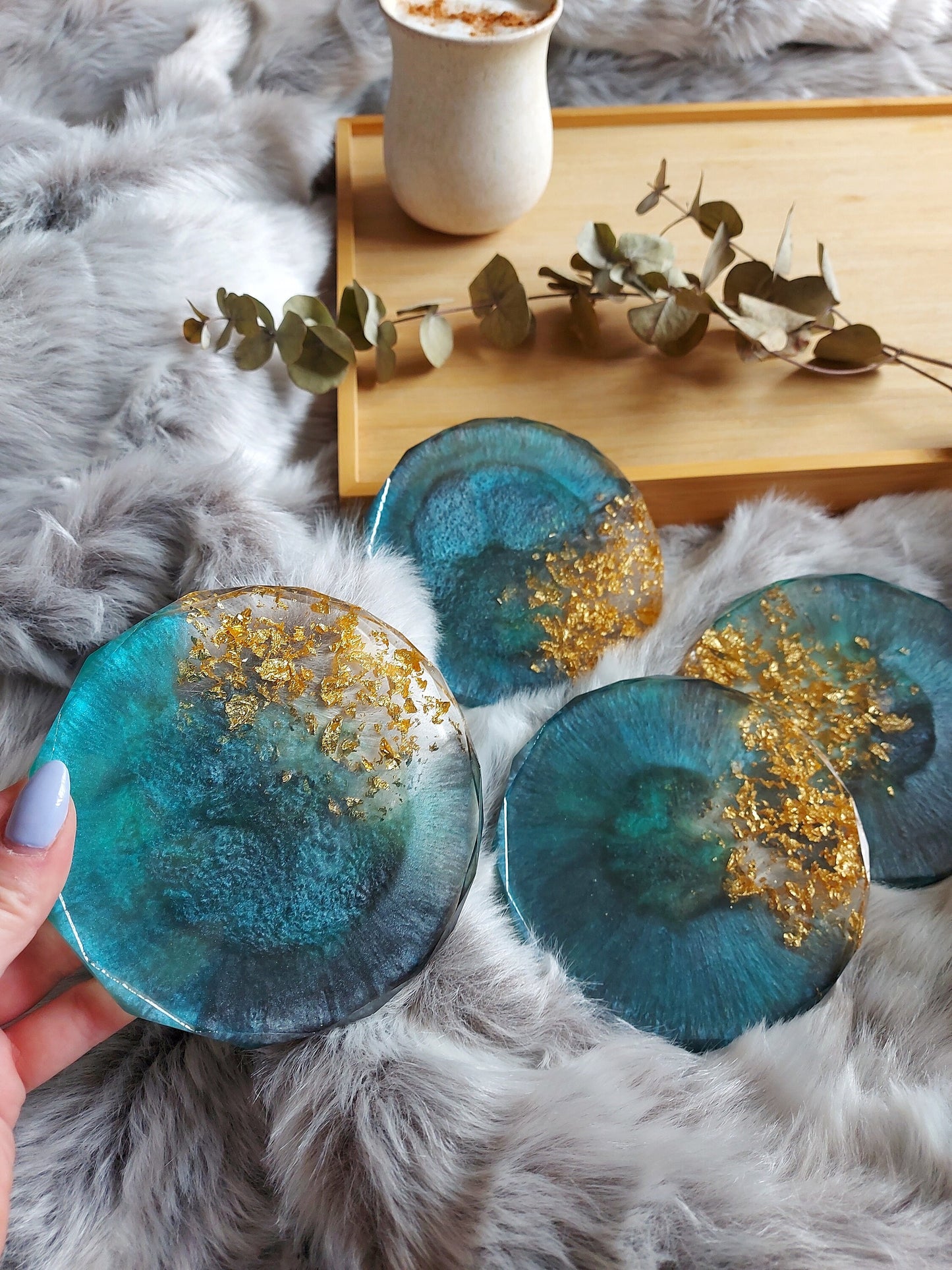 Teal and Gold Galaxy Coaster Set