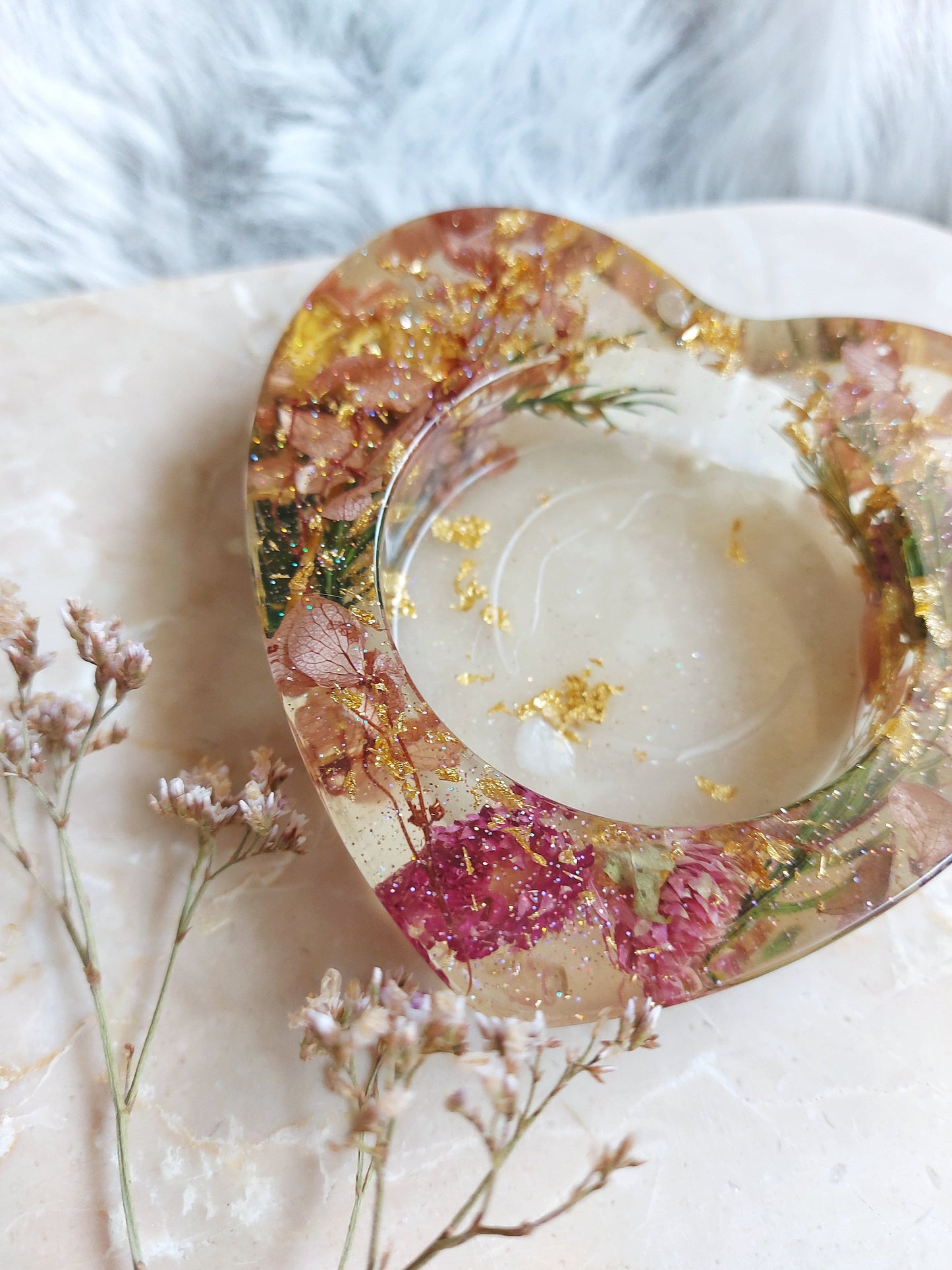Pink and Gold Dried Flower Heart Candle Holder