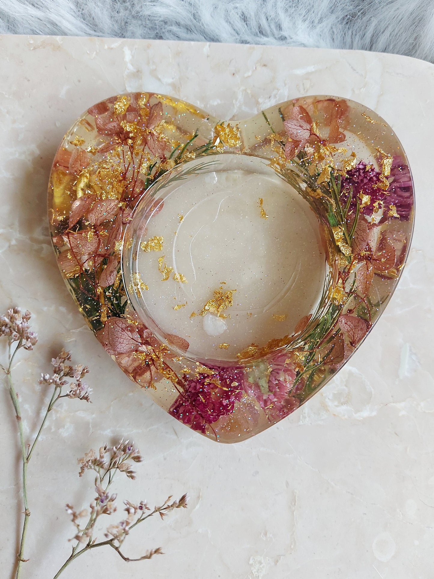 Pink and Gold Dried Flower Heart Candle Holder
