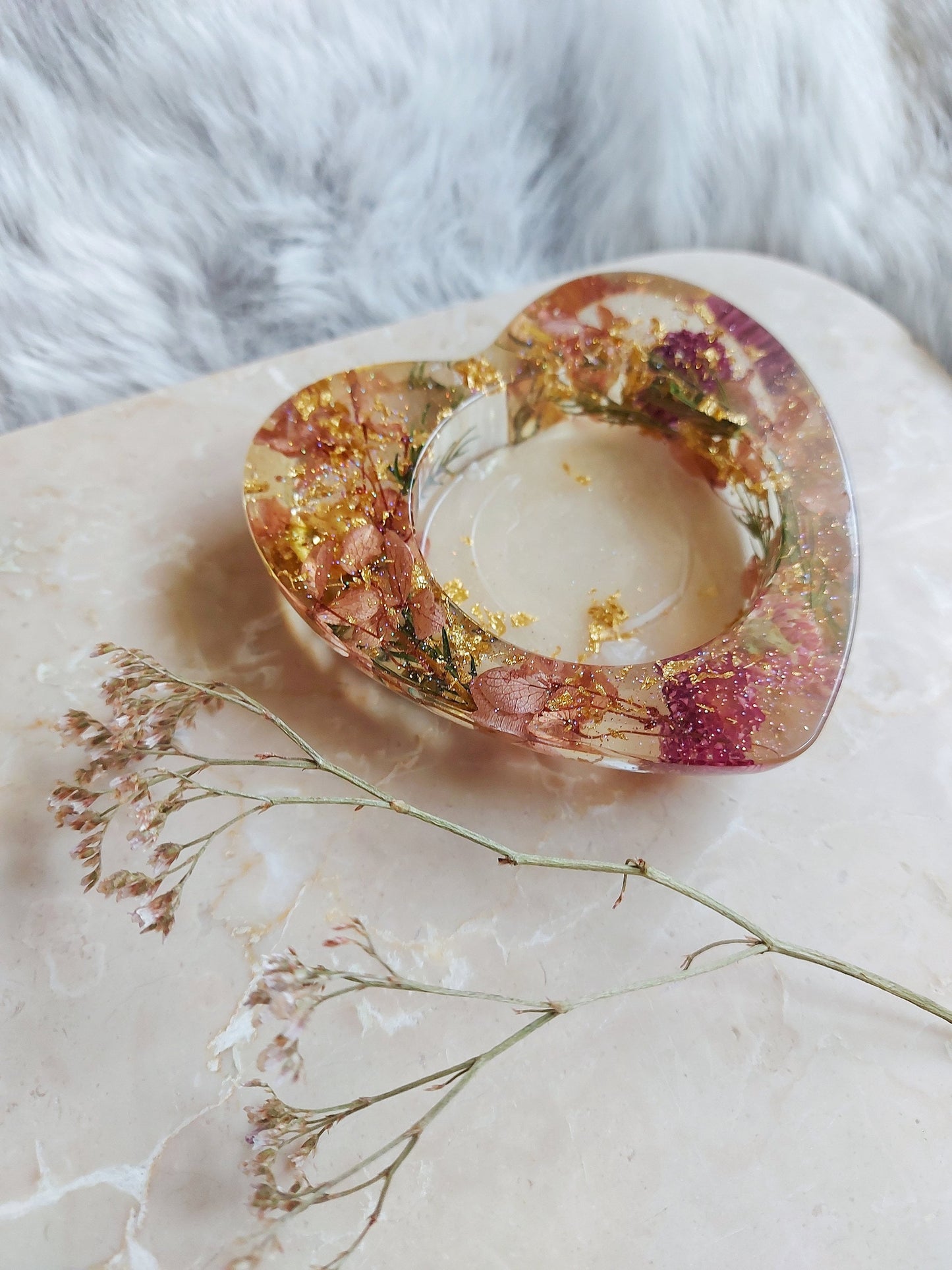 Pink and Gold Dried Flower Heart Candle Holder