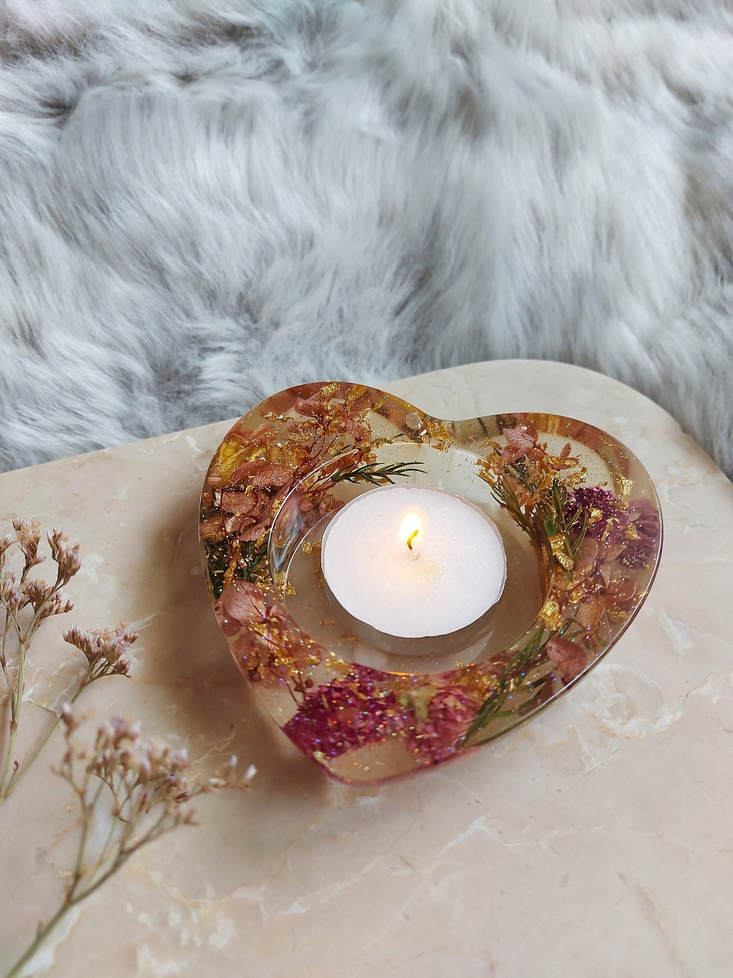 Pink and Gold Dried Flower Heart Candle Holder