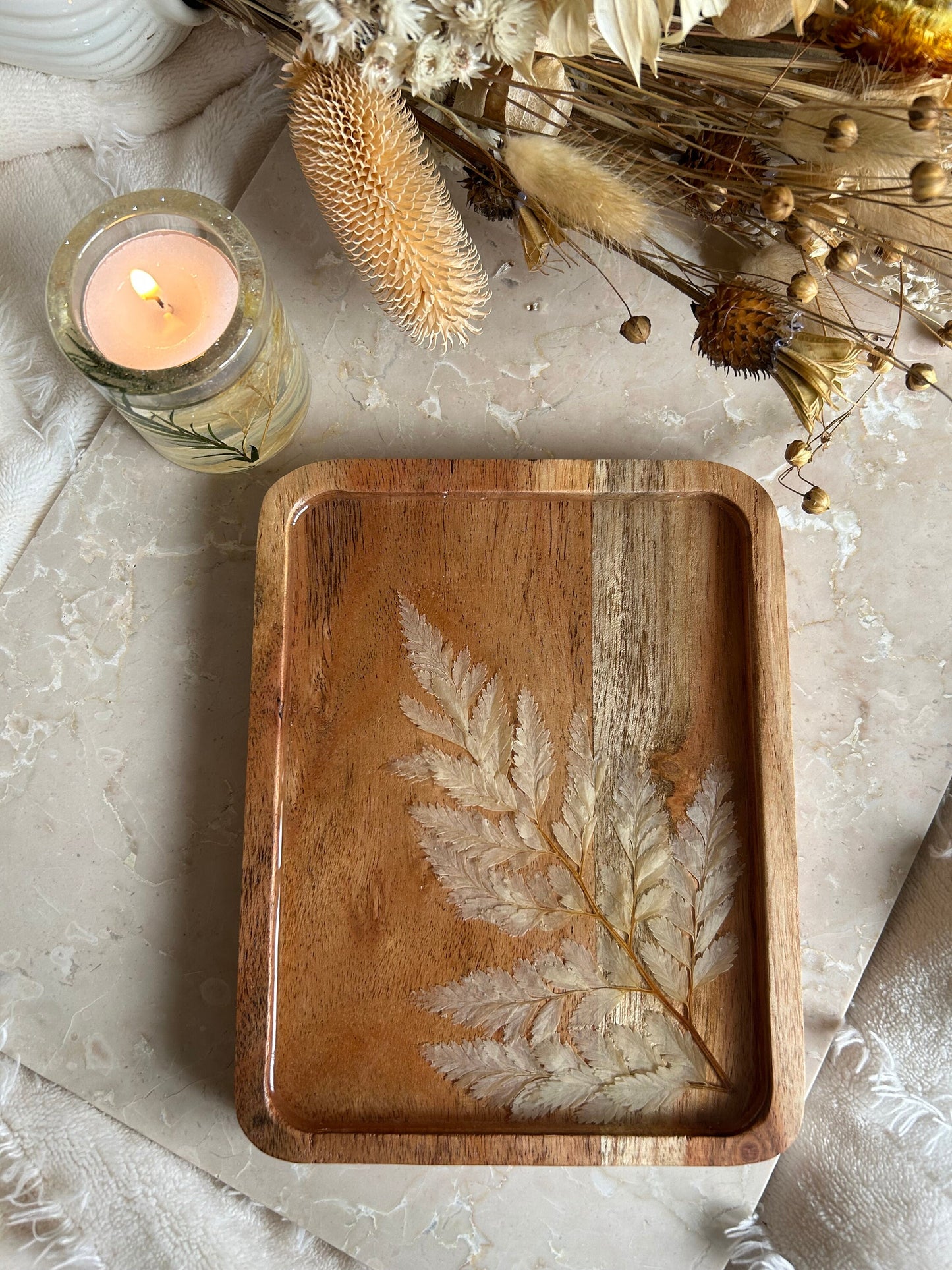 Handmade wood epoxy resin dried flower beige nude leaf, serving board tray platter jewelry holder storage vanity perfume home decor gift