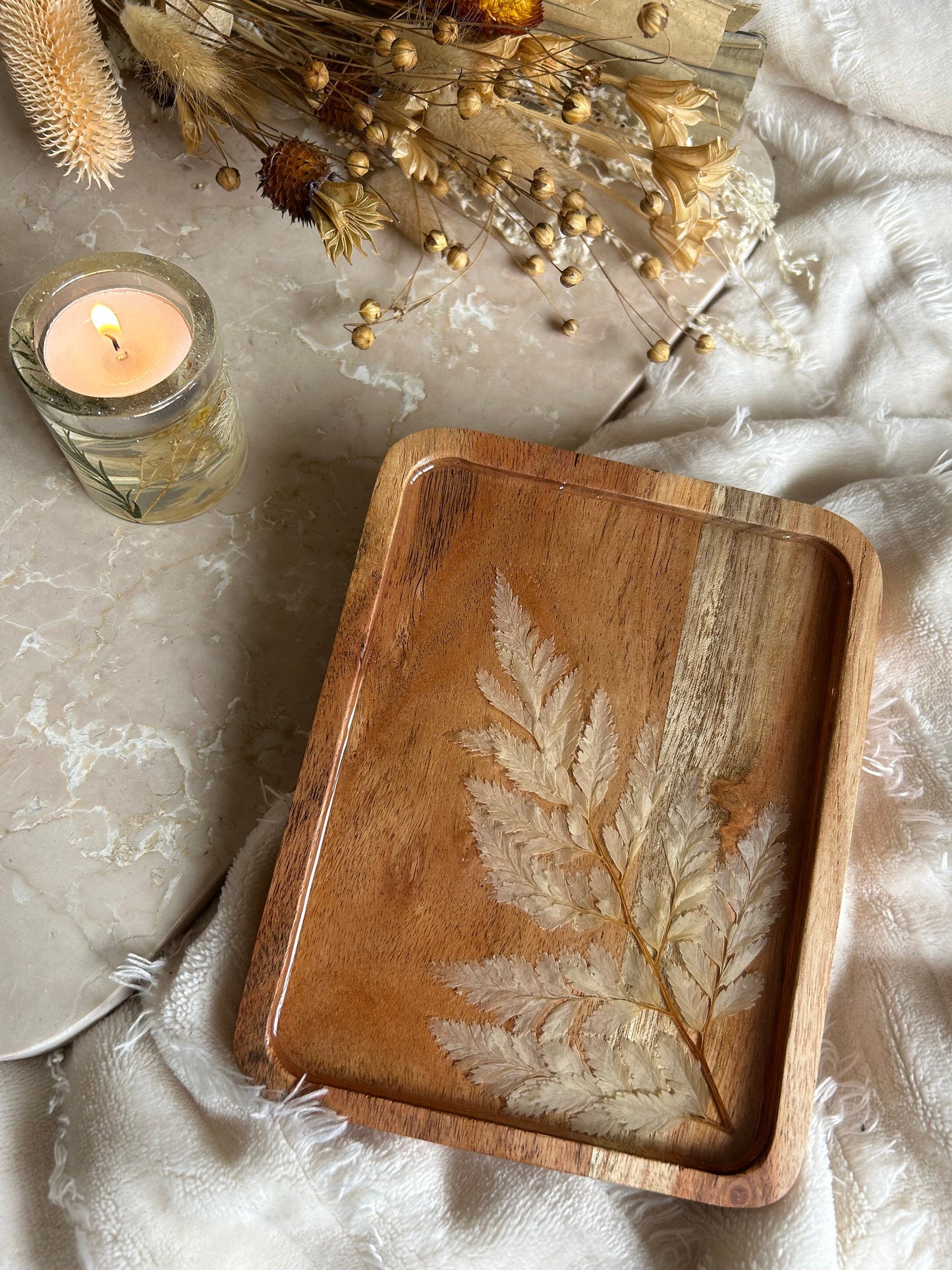 Handmade wood epoxy resin dried flower beige nude leaf, serving board tray platter jewelry holder storage vanity perfume home decor gift
